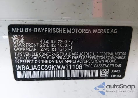 2019 BMW 530 I from USA, damaged, VIN WBAJA5C59KWW31106